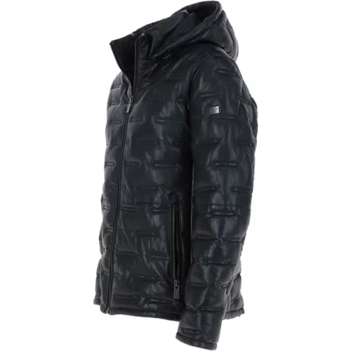 Mens Detachable Hood Black Leather Puffer Jacket