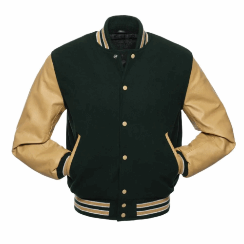 Mens Forest Wool Leather Sleeves Varsity Jacket
