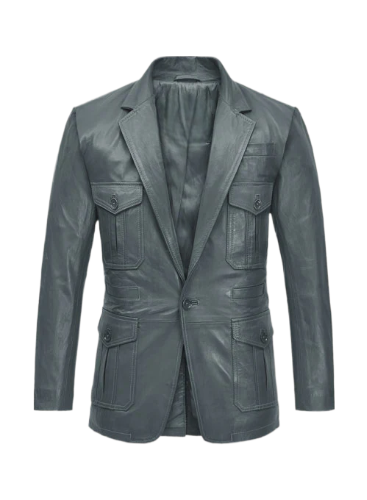 Mens Gray Sherpa Wax Leather Blazer