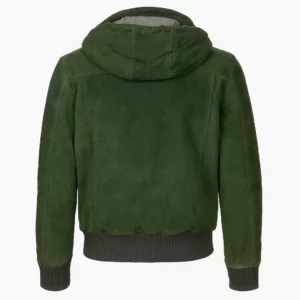 Men Green Hooded Suede Bomber Jacket