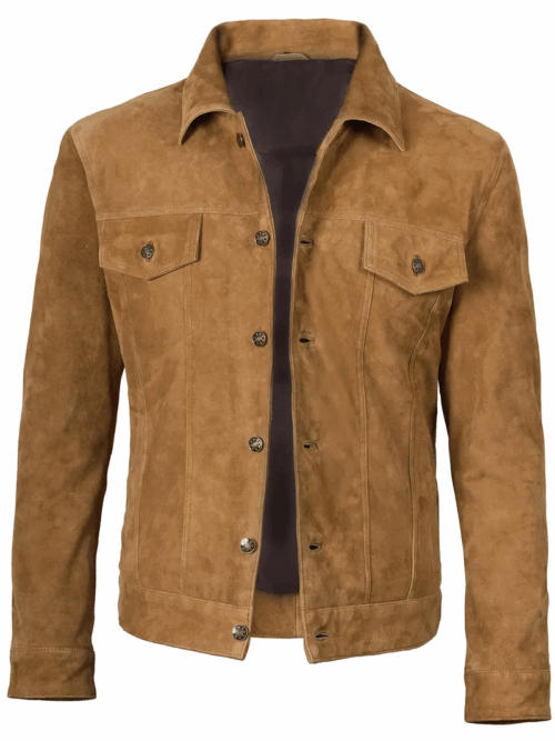 Mens Logan Light Brown Trucker Suede Jacket