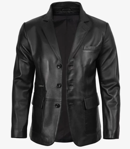 Mens Notch Lapel Three Button Black Leather Blazer