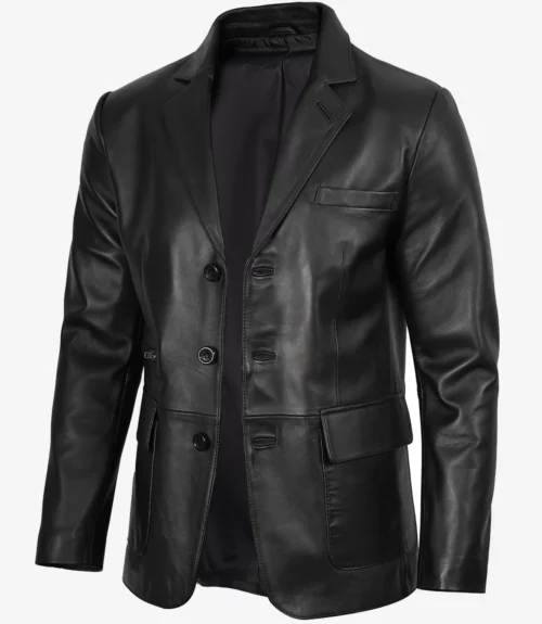 Mens Notch Lapel Three Button Black Leather Blazer