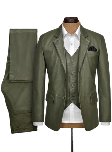 Mens Pure Leather Basicallo Green Suit