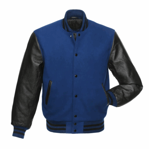Mens Royal Wool & Black Leather Varsity Jacket