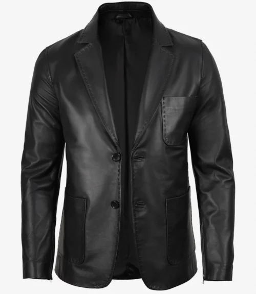 MenTwo Button Black Leather Blazer Notch Lapel