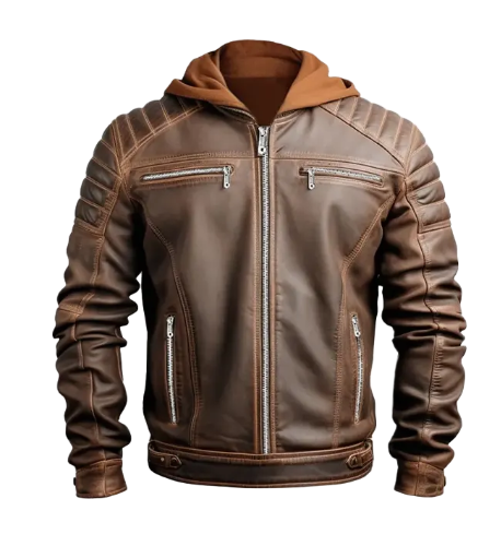 Men's Voguish Brown Hooded Leather Jacket