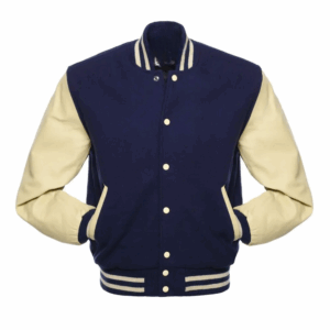 Navy Blue Wool Beige Leather Sleeves Varsity Jacket