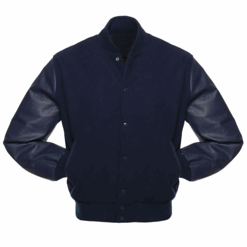 Navy Blue Wool & Navy Leather Sleeves Varsity Jacket