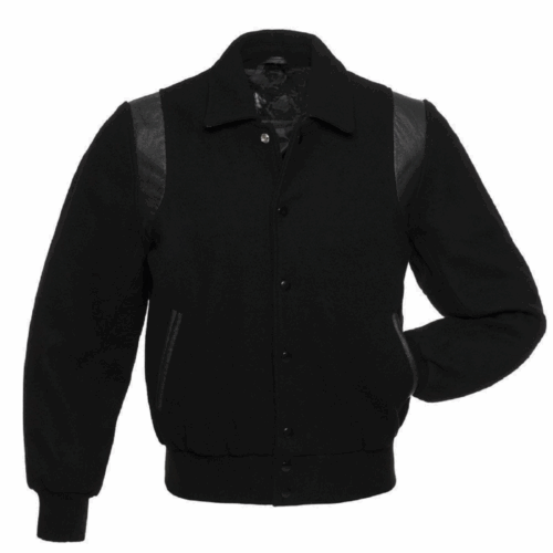 Solid Black Wool Letterman Varsity Jacket