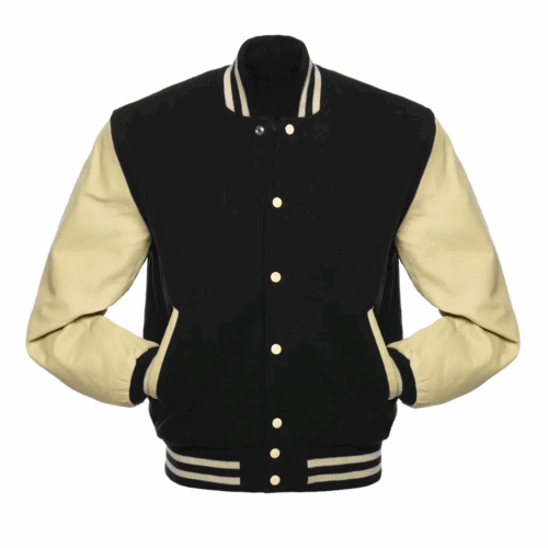 Unisex Black Wool & Cream Leather Varsity Jacket