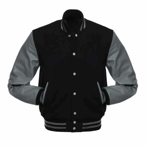 Unisex Black Wool Grey Leather Varsity Jacket