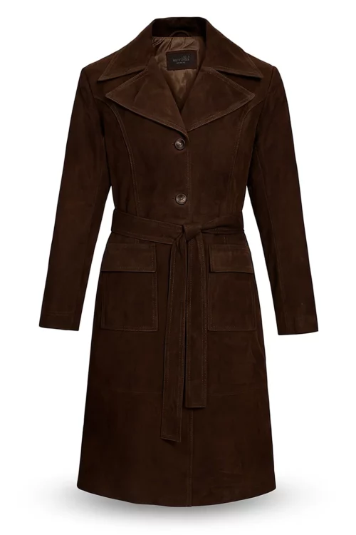 Womens Dark Brown Suede Alpine Leather Long Coat
