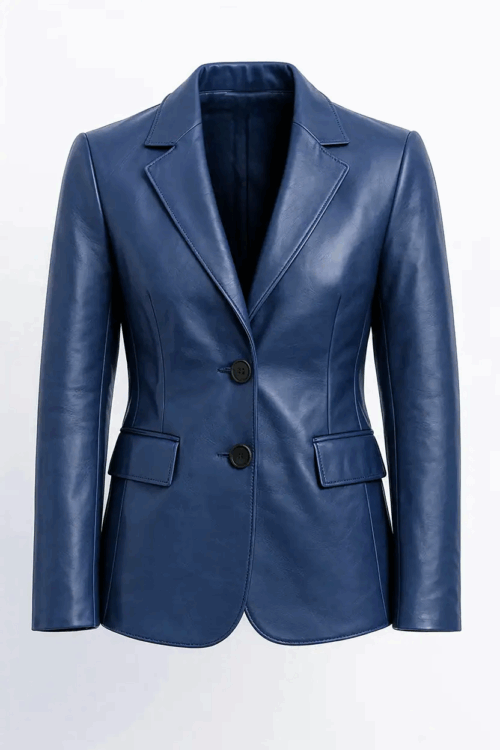 Women’s Two Button Blue Leather Blazer