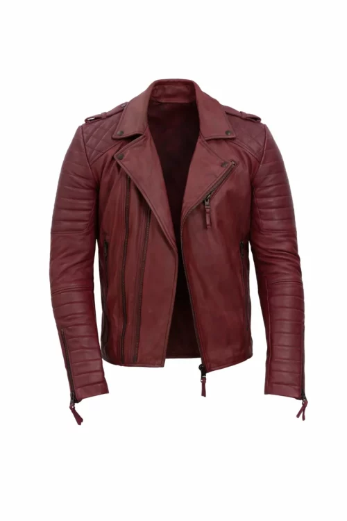 Brando Mens Real Lambskin Burgundy Leather Biker Jacket
