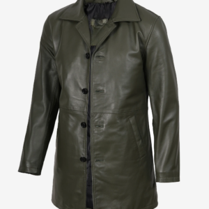 Men's 3/4 Length Olive Green Leather Coat - Premium Quality