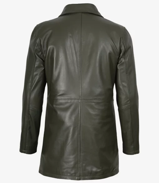 Men's 3/4 Length Olive Green Leather Coat - Premium Quality