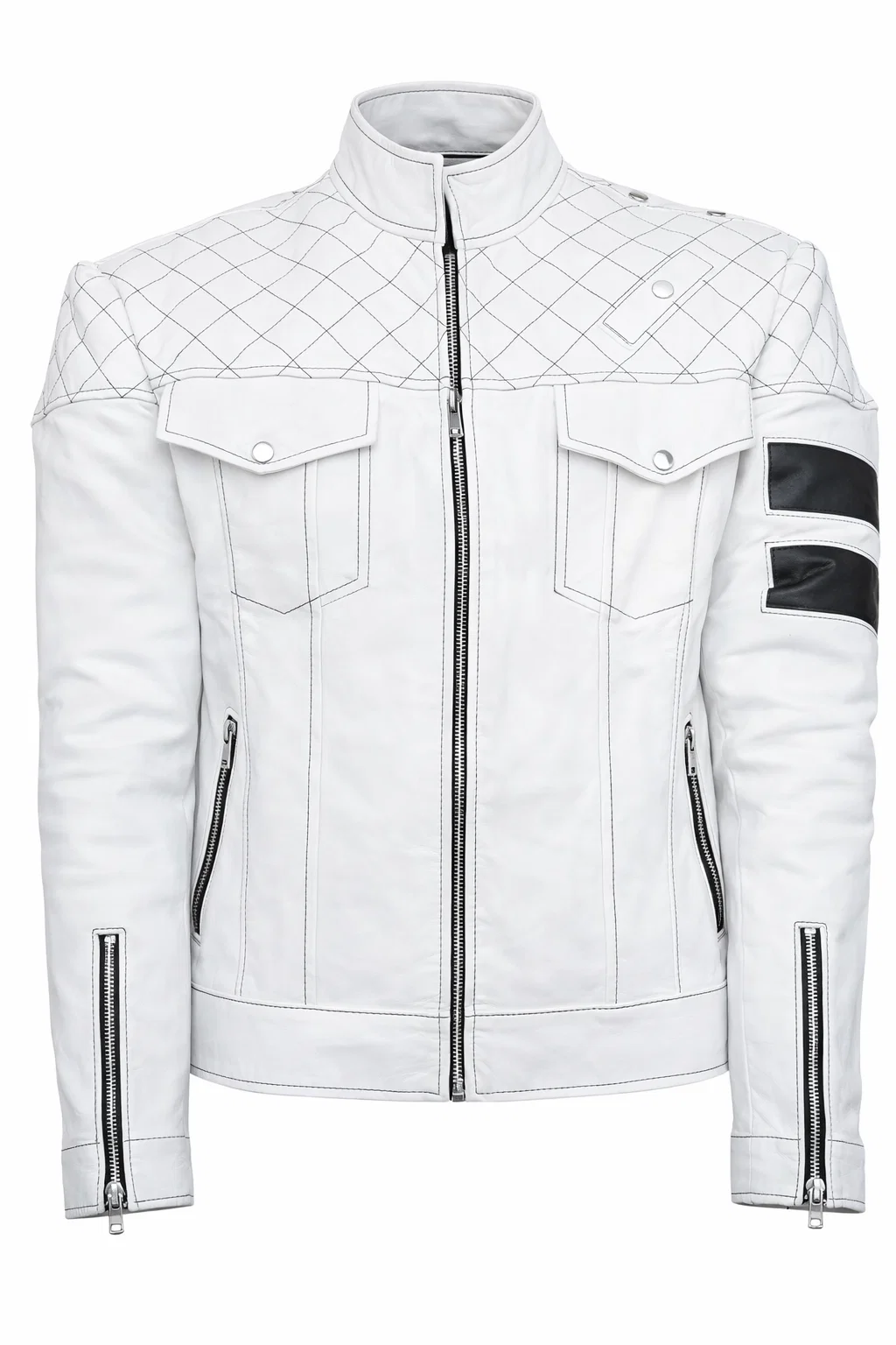 Mens White Padded Motorcycle Leather Jacket