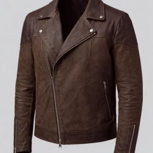 Mens Two Tone Waxed Biker Leather Jacket Asymmetrical Zip