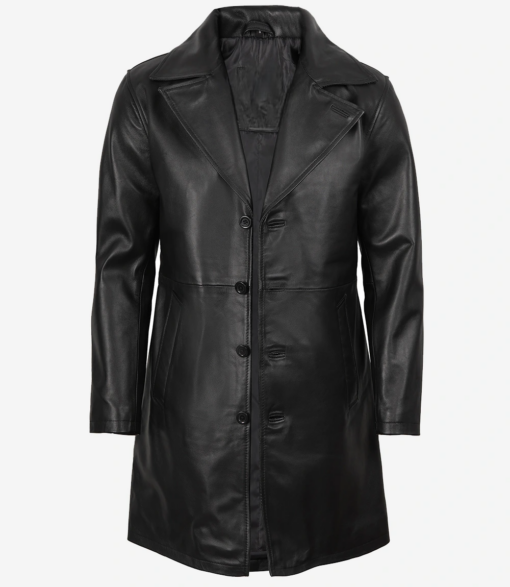 Mens Premium Long Black Leather Coat | Mens Peak Lapel Coat