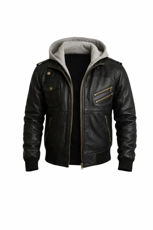 Men's Black Leather Bomber Jacket Removable Hood