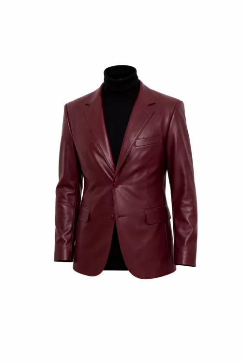 Men's Burgundy Slim-Fit Leather Blazer