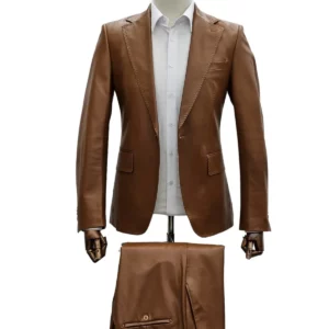 Mens Caramel Brown 1 Button Slim Fit Leather Suit