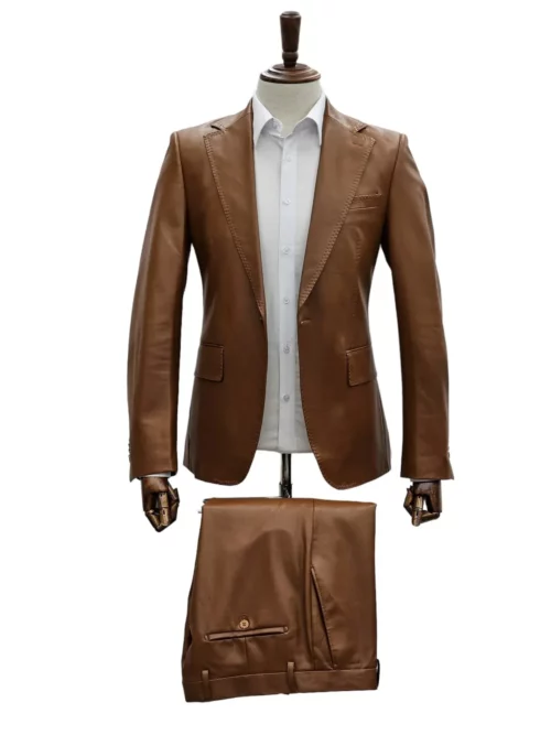 Mens Caramel Brown 1 Button Slim Fit Leather Suit