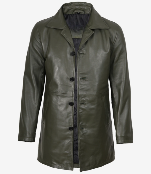 Men's 3/4 Length Olive Green Leather Coat - Premium Quality