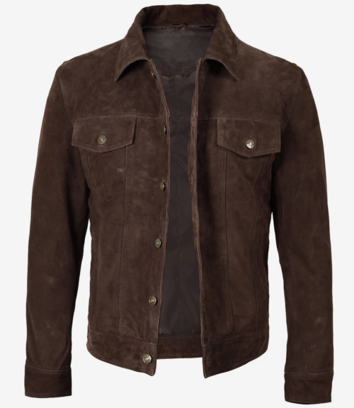 Men's Real Dark Brown Suede Trucker Style Jacket