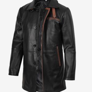 Men's Real Leather 34 Length Black Coat With Brown Detailing