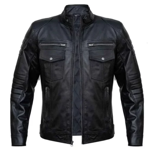 Mens Slim Fit Double Pockets Real Black Leather Biker Jacket