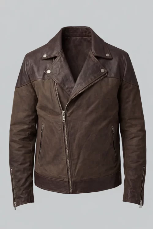 Mens Two Tone Waxed Biker Leather Jacket Asymmetrical Zip