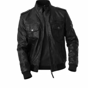 Men's Versatile Black Trucker Leather Bomber Jacket