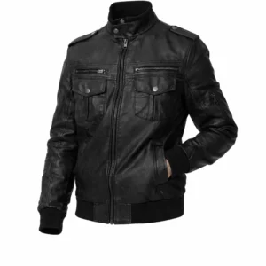 Men's Versatile Black Trucker Leather Bomber Jacket