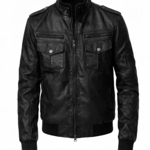 Men's Versatile Black Trucker Leather Bomber Jacket