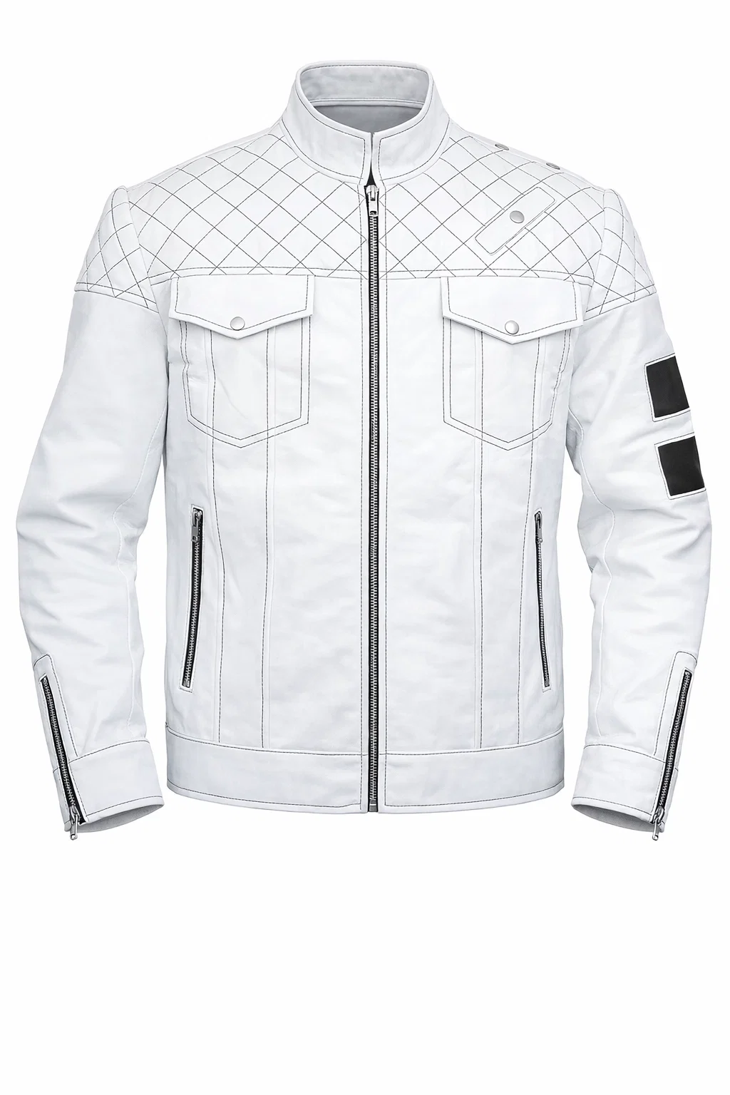 Mens White Padded Motorcycle Leather Jacket