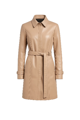 Real Leather Beige Trench Coat for Women
