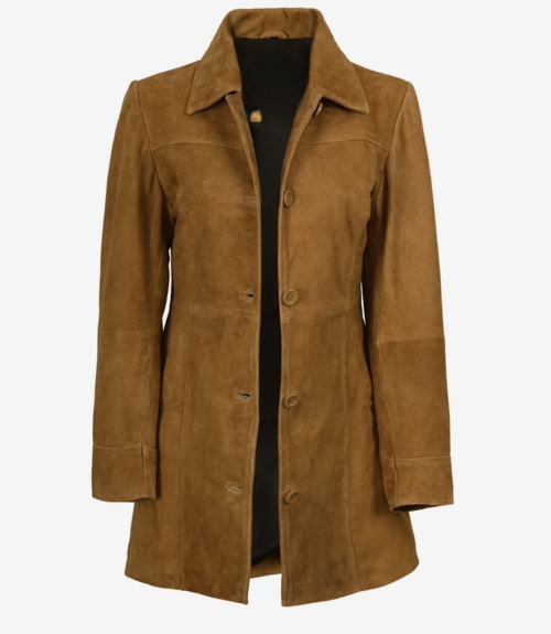 Women's 34 Length Button Down Brown Suede Coat