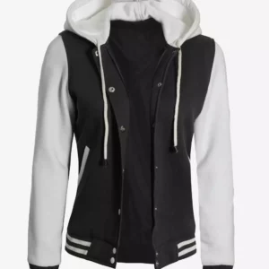 Women's Black and White Hooded Varsity Jacket