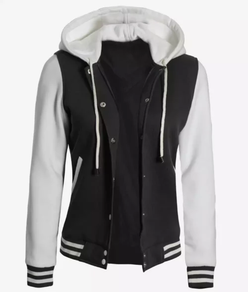 Women's Black and White Hooded Varsity Jacket