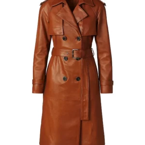 Women Genuine Brown Leather Trench Coat