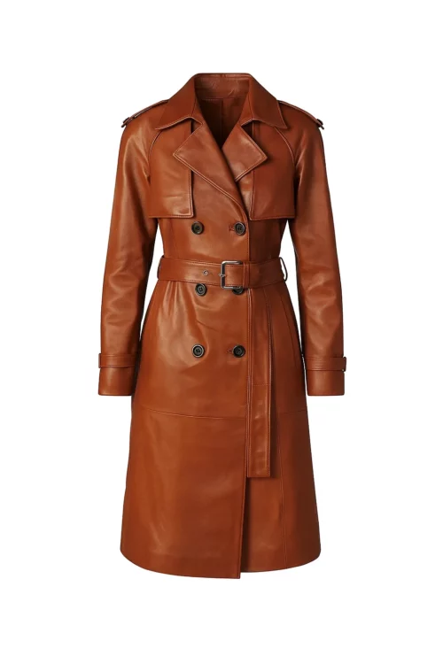 Women Genuine Brown Leather Trench Coat