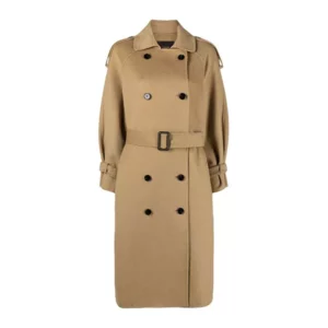 Womens Beige Double Breasted Wool Trench Coat