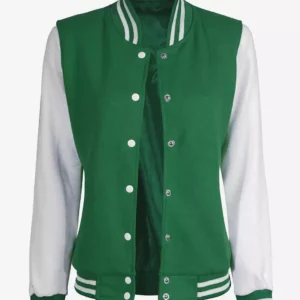 Women's Bomber Green and White Letterman Jacket