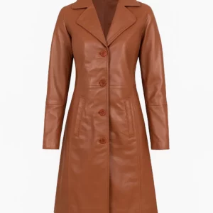 Womens Brown Single Breasted Leather Coat