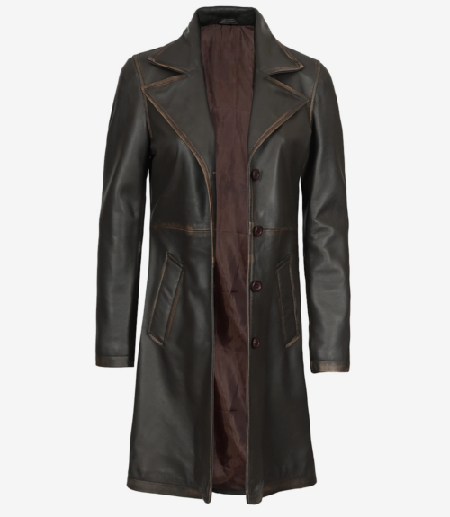 Women's Distressed Brown 34 Length Real Leather Coat