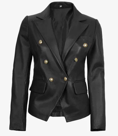 Women's Double Breasted Black Leather Blazer
