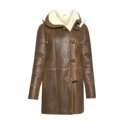 Women's Hood Brown Sheepskin Leather Coat