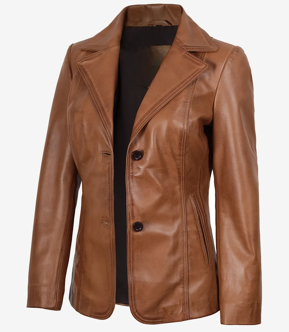 Womens Notch Lapel Two Button Tan Leather Blazer